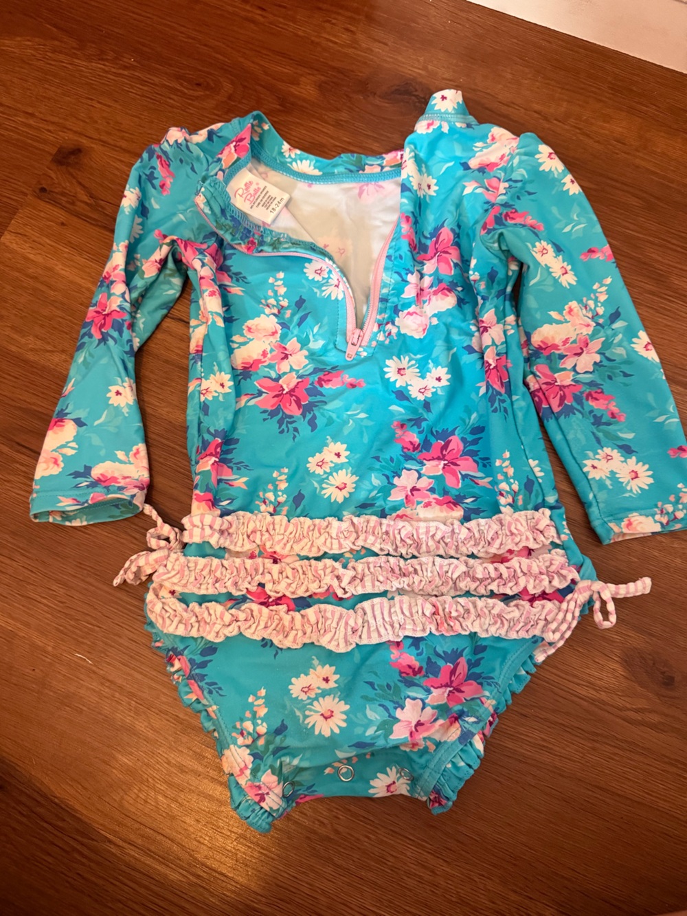 Ruffle Butts Turquoise Floral Long-Sleeve One-Piece Swimsuit with Pink Ruffles